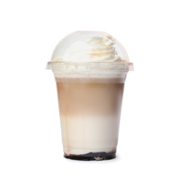 Photo of Delicious coffee with whipped cream in plastic cup isolated on white