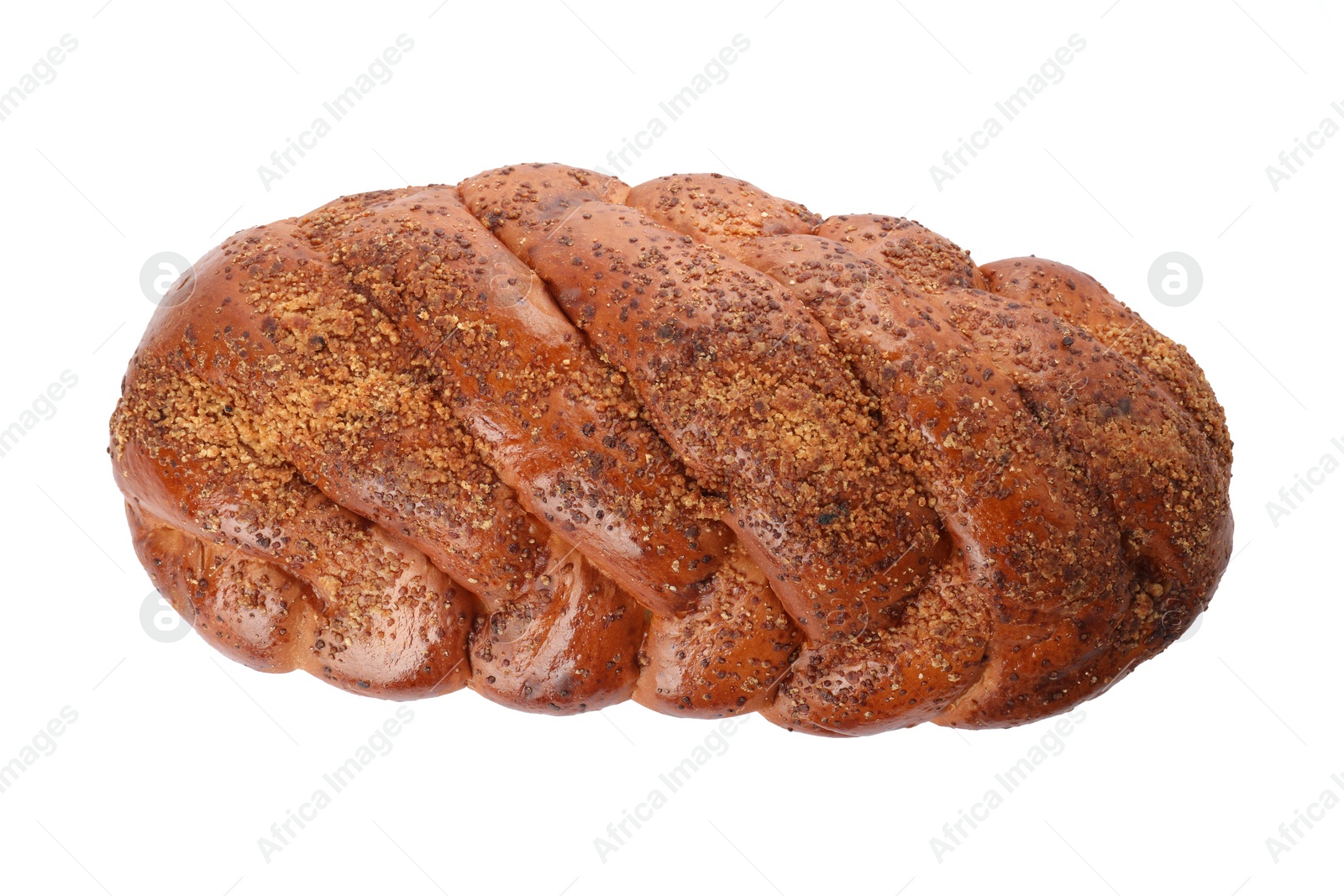 Photo of Tasty braided bread isolated on white, top view. Fresh pastry