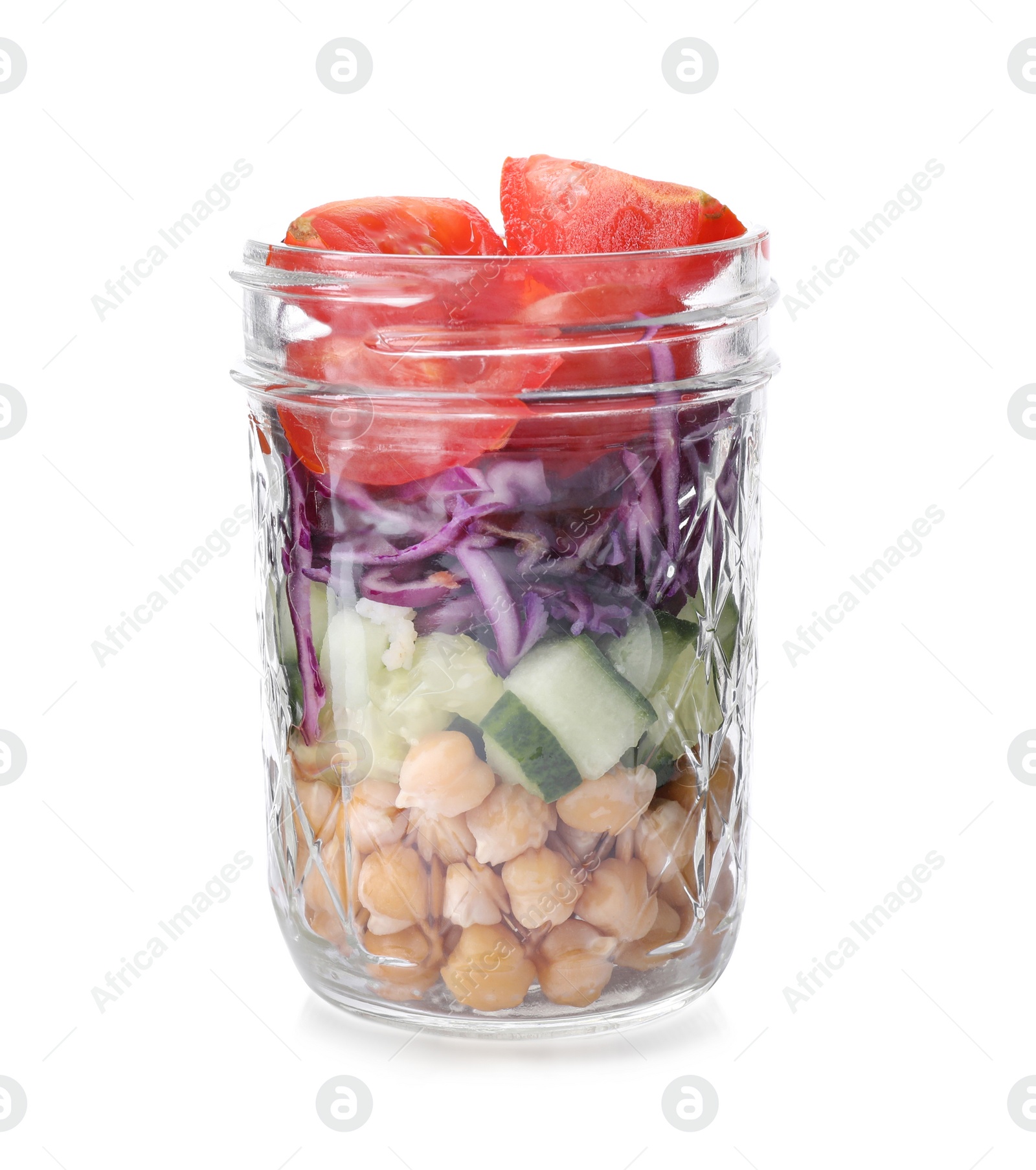 Photo of Healthy salad in glass jar isolated on white