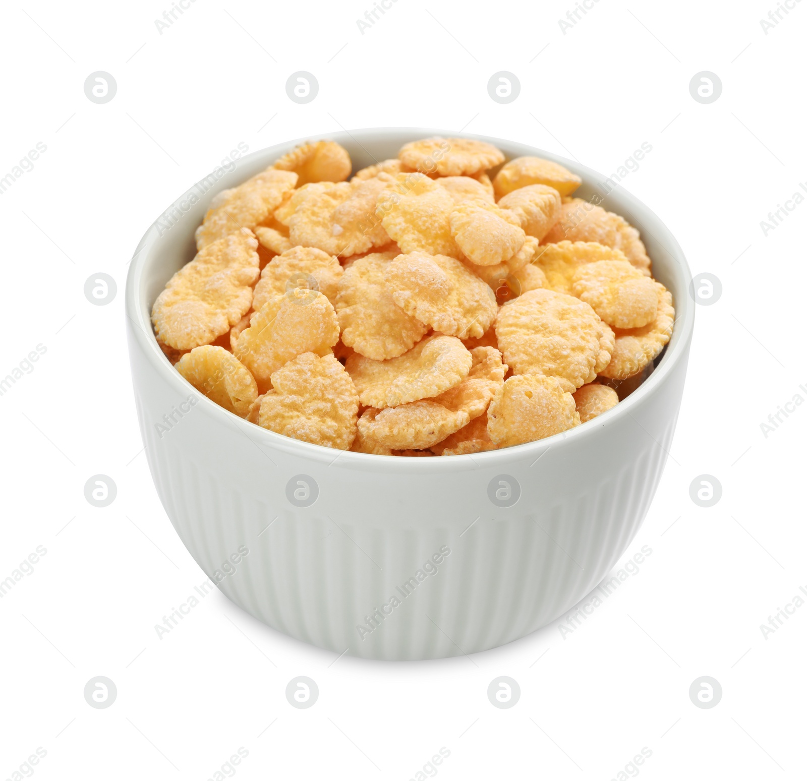 Photo of Bowl of tasty corn flakes isolated on white