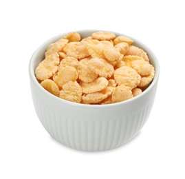 Bowl of tasty corn flakes isolated on white