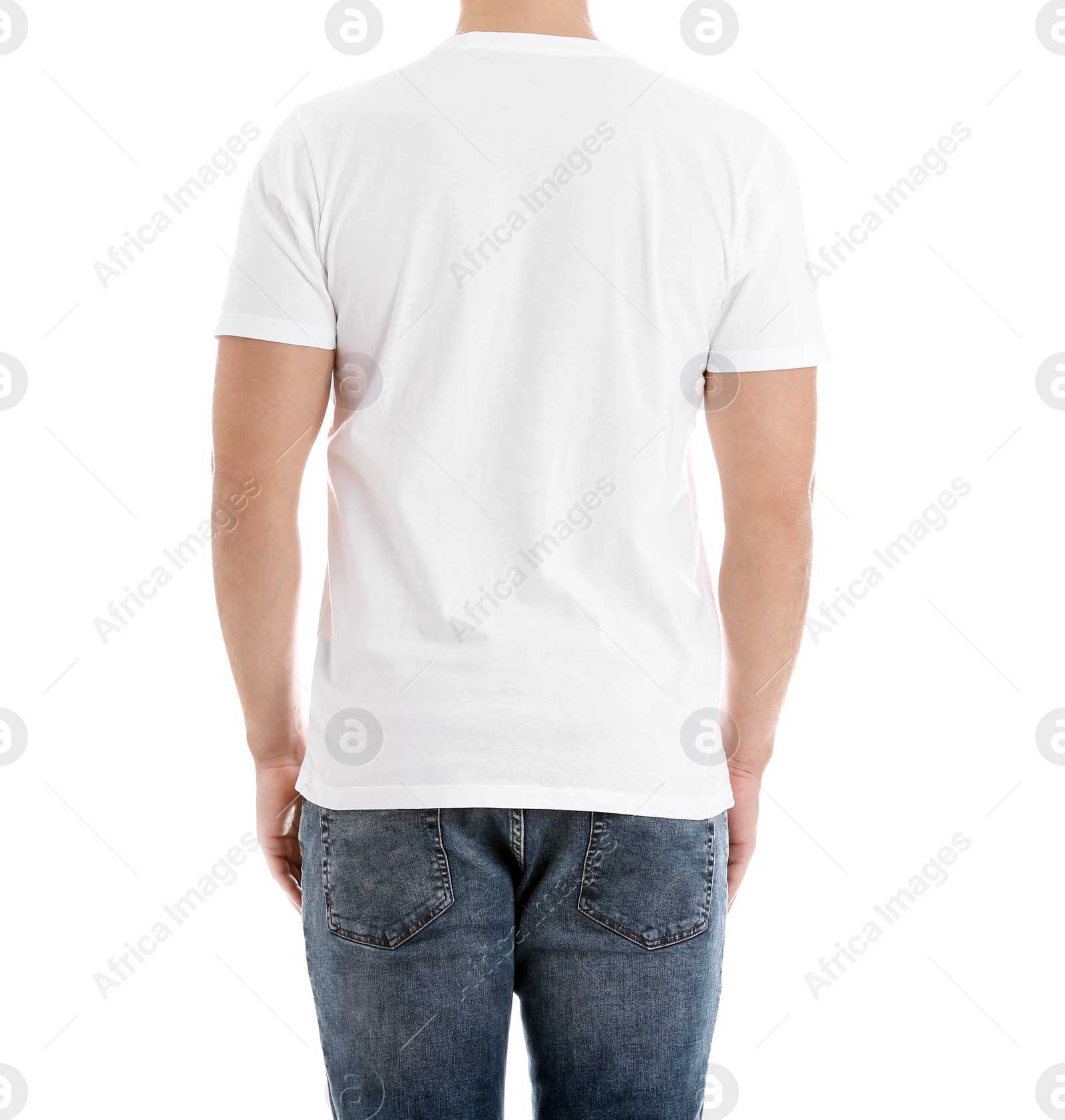 Photo of Young man on white background, closeup. Weight loss