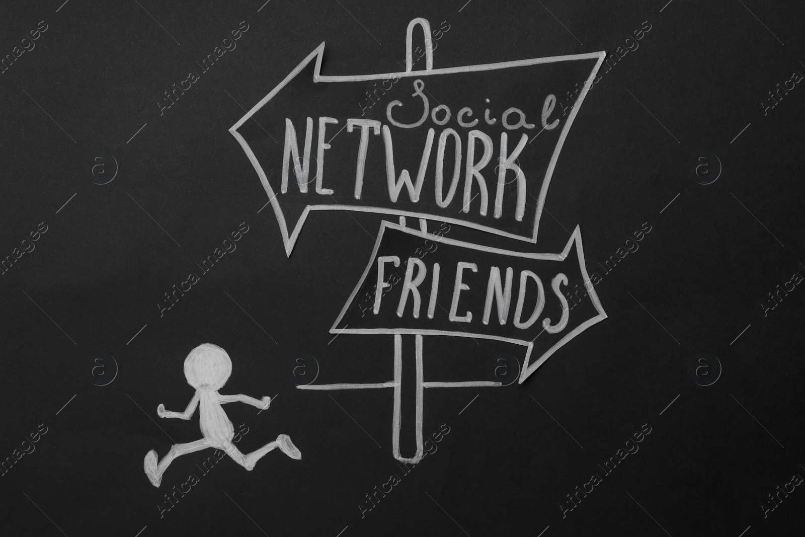 Photo of Chalk drawing of human figure near sign with words SOCIAL NETWORK and FRIENDS on black background, top view. Loneliness concept