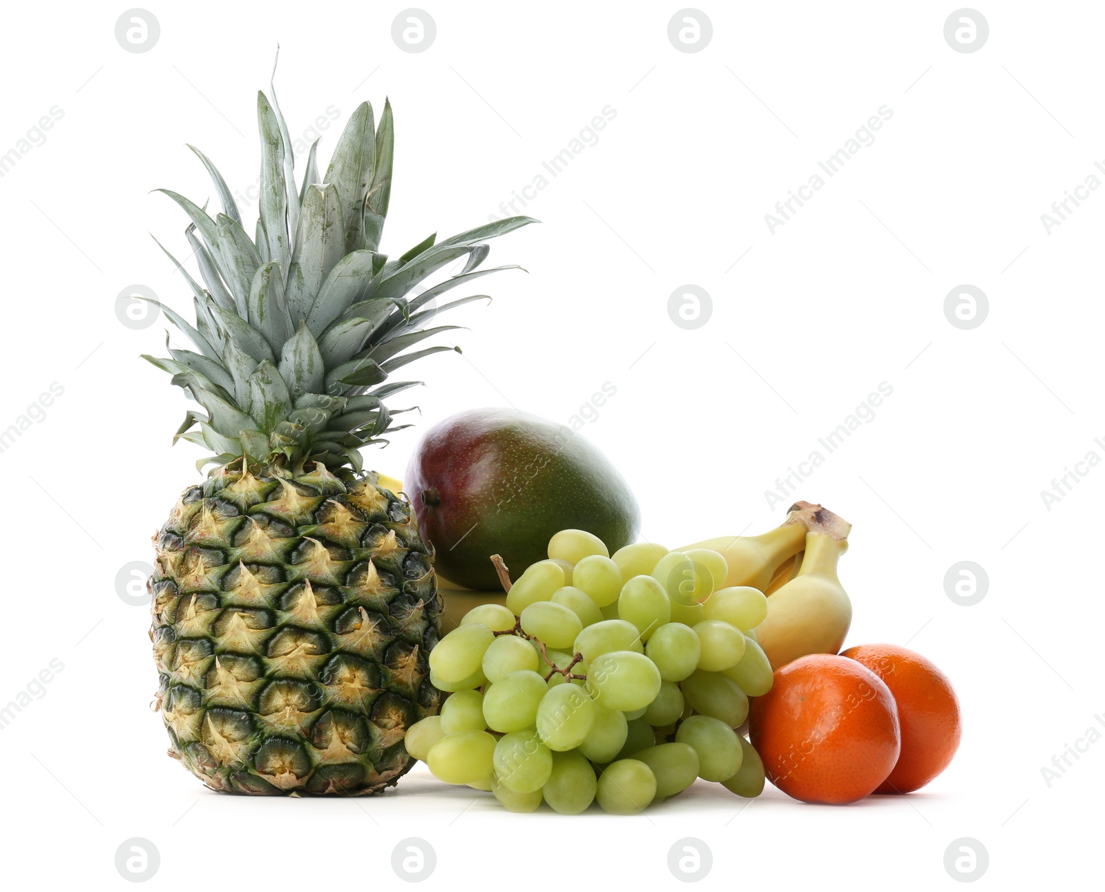 Photo of Set of fresh tropical fruits on white background