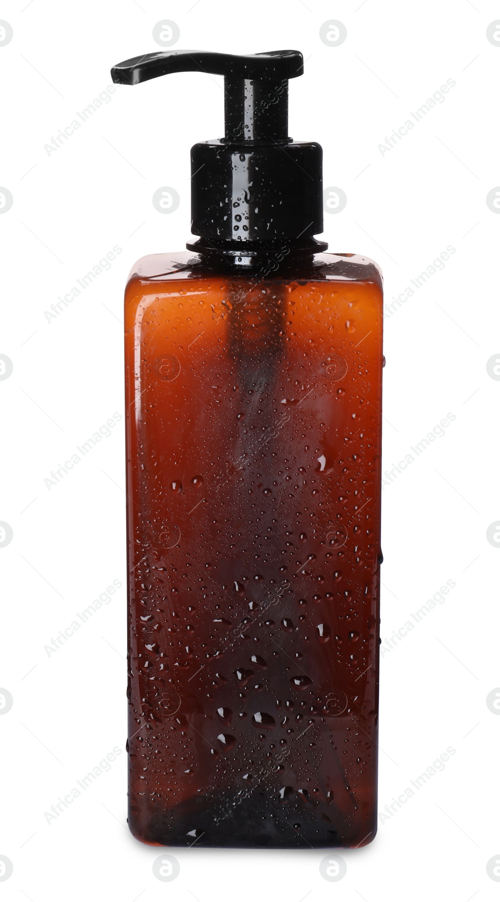 Photo of Dispenser bottle with water drops isolated on white. Men's cosmetics
