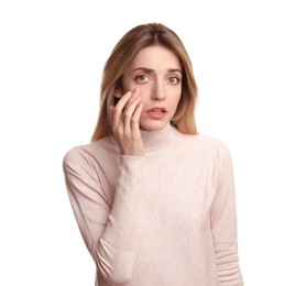 Woman checking her health condition on white background. Yellow eyes as symptom of problems with liver