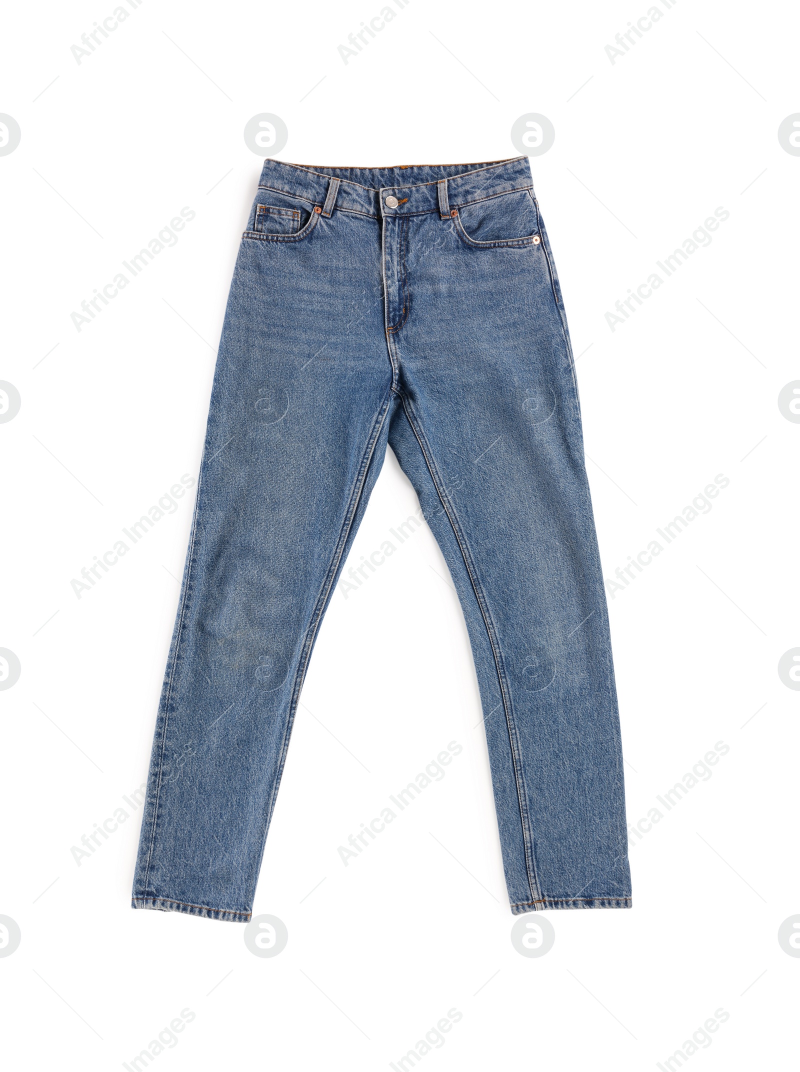 Photo of Blue jeans isolated on white, top view. Stylish clothes