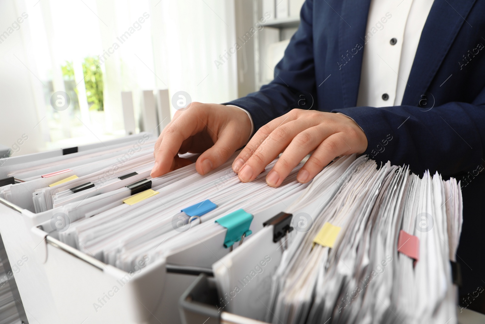 Photo of Woman taking documents from folder in archive, closeup