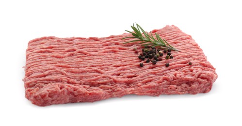 Raw fresh minced meat with rosemary and pepper isolated on white