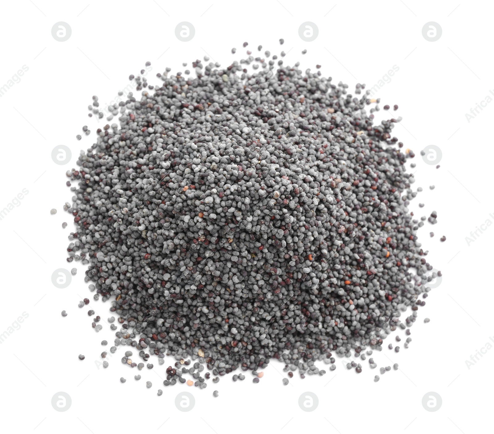 Photo of Pile of dry poppy seeds isolated on white, top view