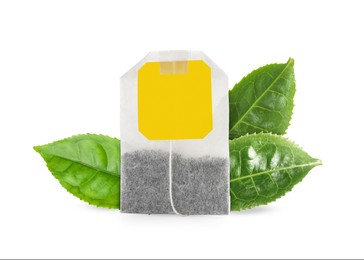 Image of Tea bag with leaves on white background