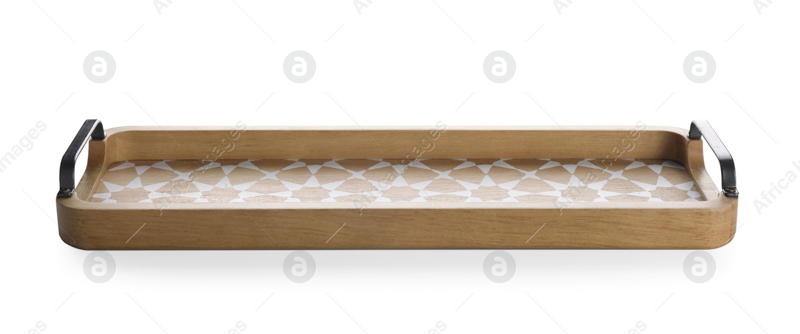 Photo of One empty wooden tray isolated on white