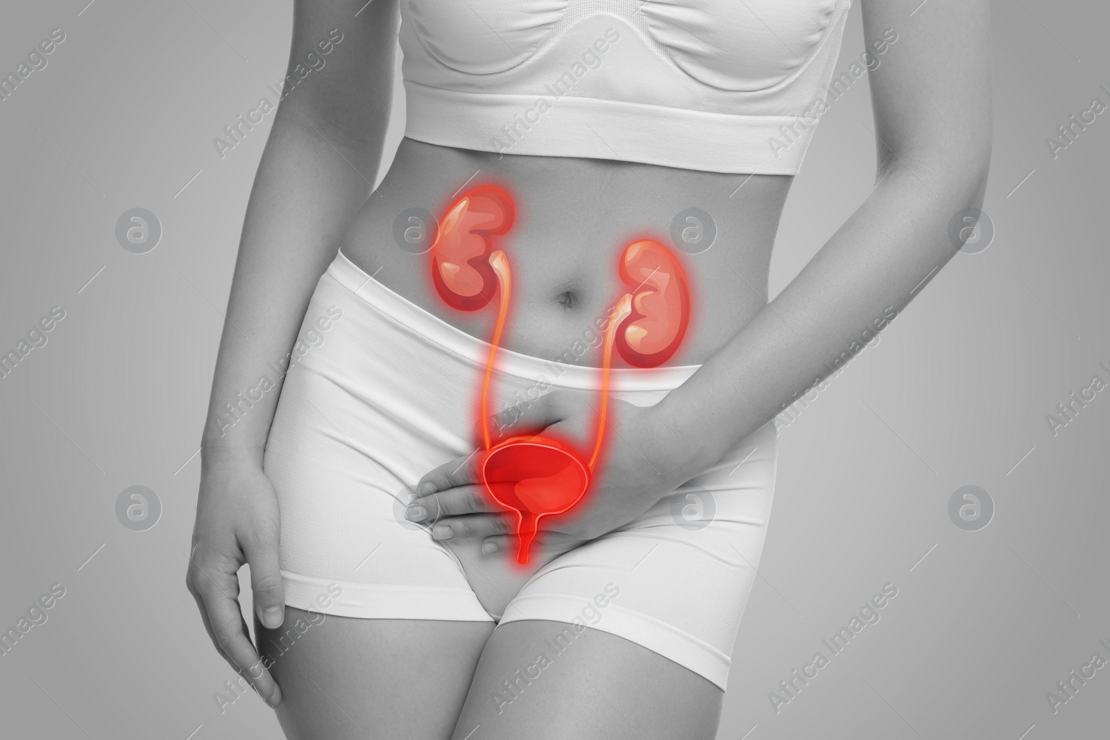 Image of Woman suffering from cystitis on light grey background, closeup. Illustration of urinary system