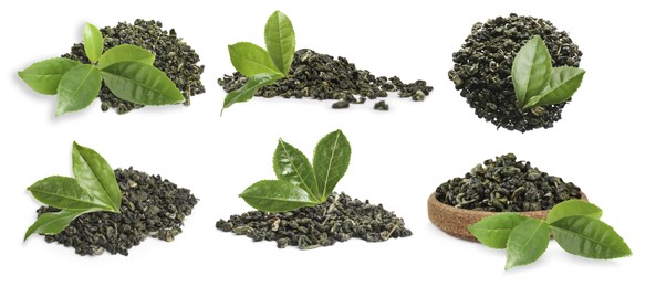 Dry green tea and fresh leaves on white background, collage. Banner design 