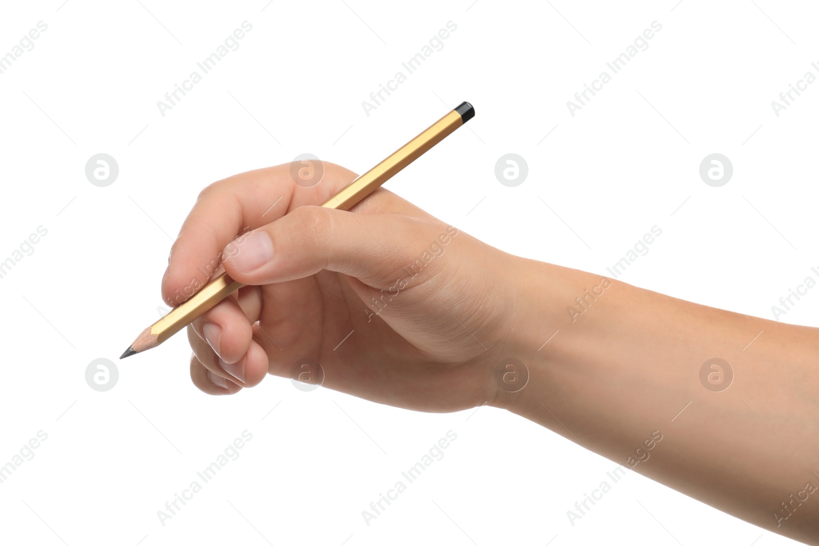 Photo of Young man holding pencil on white background, closeup