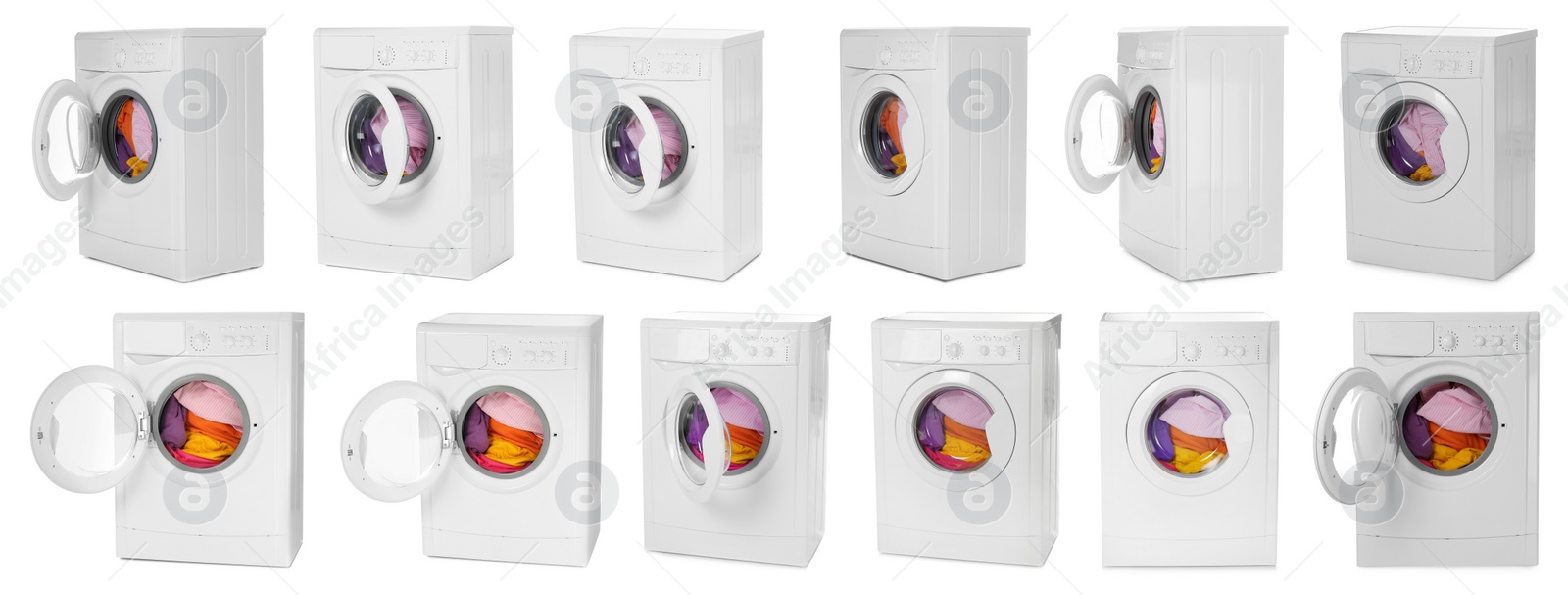 Image of Set with modern washing machines on white background. Banner design