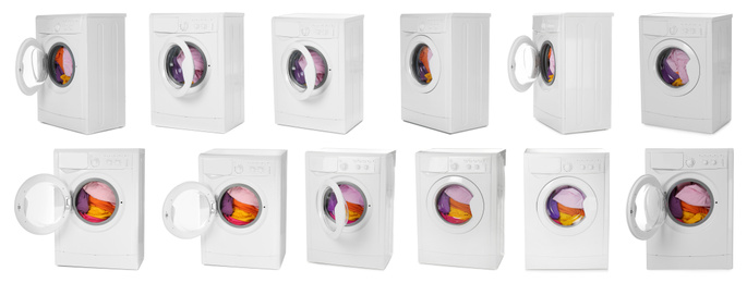 Set with modern washing machines on white background. Banner design