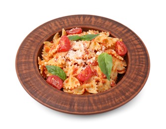 Photo of Tasty pasta with tomato, cheese and basil isolated on white