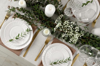 Photo of Stylish elegant table setting for festive dinner, flat lay