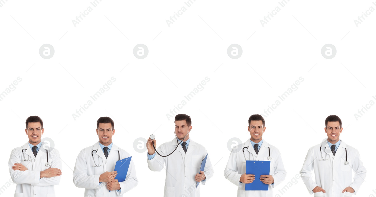 Image of Collage with photos of doctor on white background, banner design