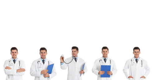 Collage with photos of doctor on white background, banner design
