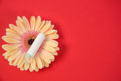 Photo of Flat lay composition with flower and tampon on color background. Gynecological checkup