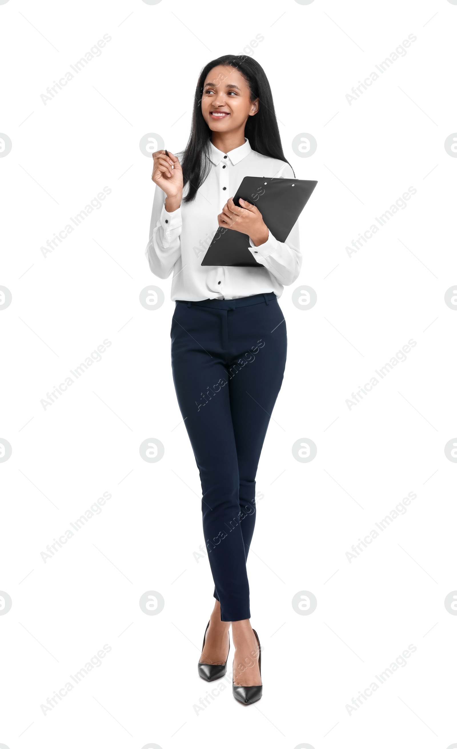 Photo of Beautiful secretary with clipboard and pen on white background