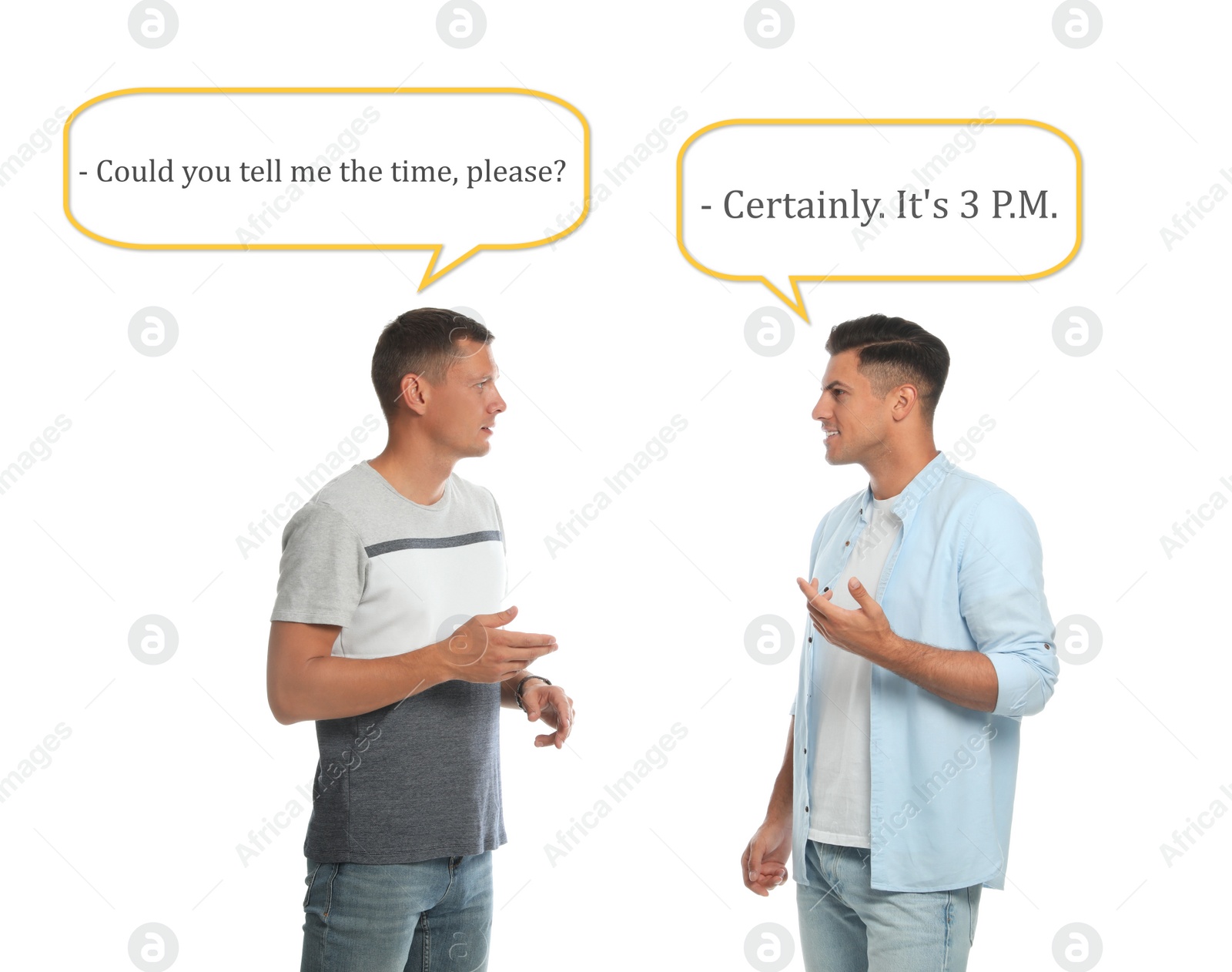 Image of Men talking on white background. Dialogue balloons with phrases in English over them