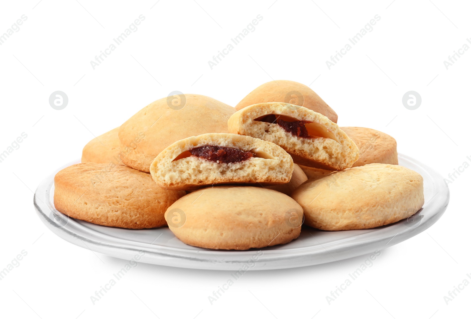 Photo of Plate with cookies for Islamic holidays isolated on white. Eid Mubarak