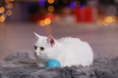 Photo of Christmas atmosphere. Adorable cat with bauble resting on rug against blurred lights. Space for text