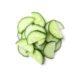 Photo of Slices of ripe cucumber on white background, top view