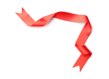 Photo of Simple red ribbon on white background, top view. Festive decoration