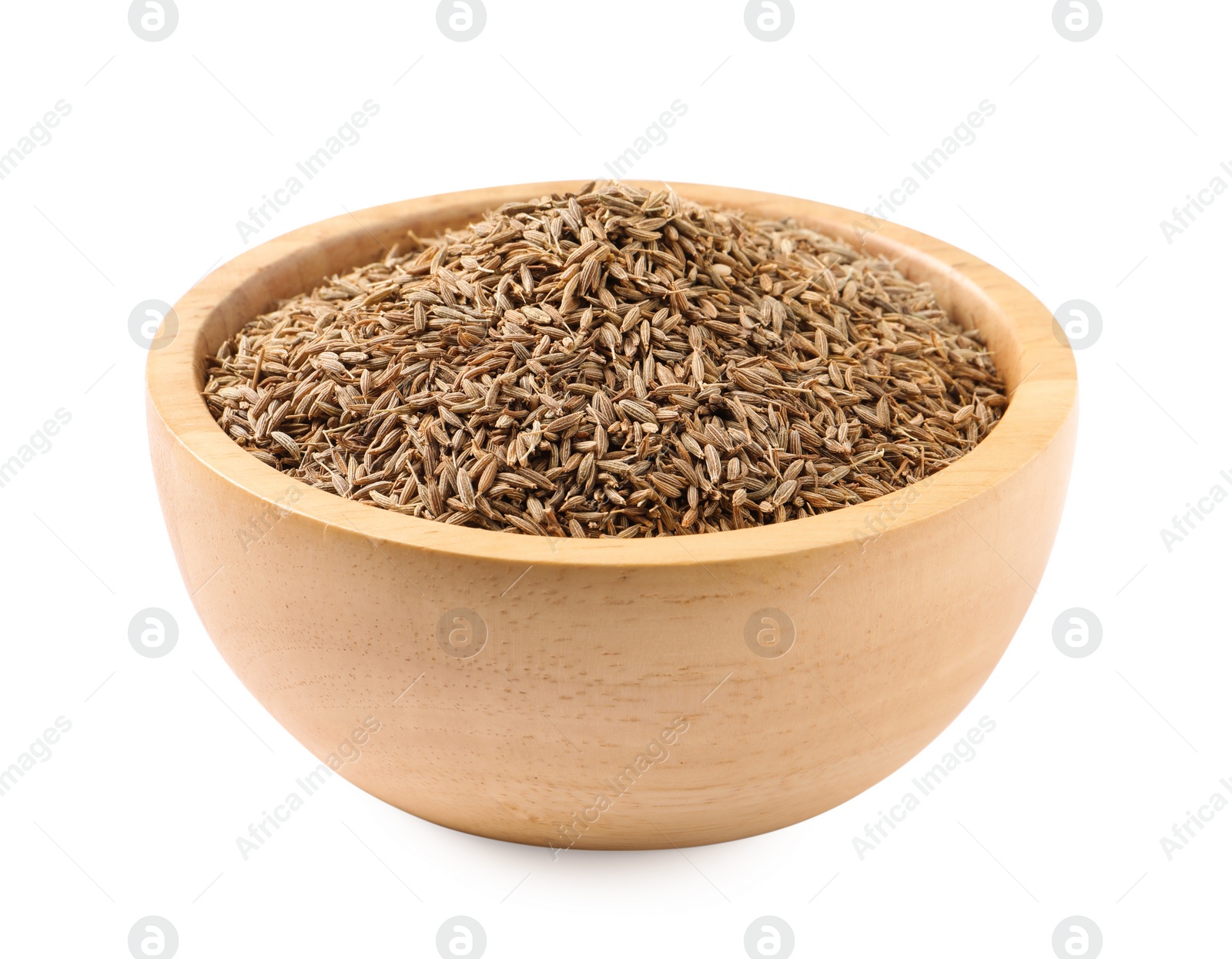 Photo of Bowl of aromatic caraway (Persian cumin) seeds isolated on white