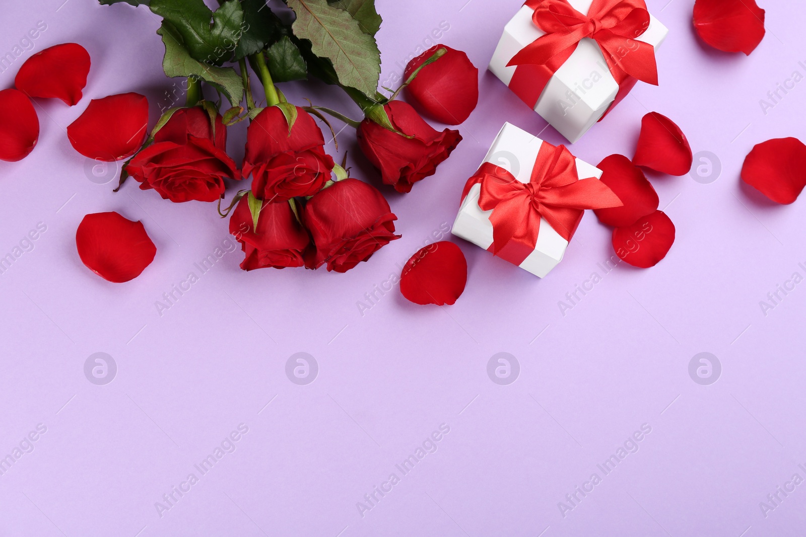 Photo of Beautiful red roses and gift boxes on violet background, flat lay with space for text. Valentine's Day celebration