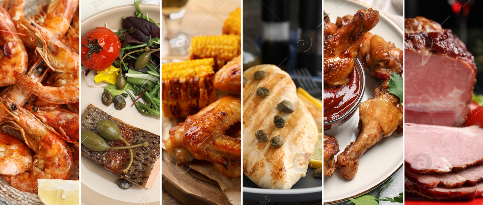 Image of Assortment of tasty dishes. Collage with different meals, closeup