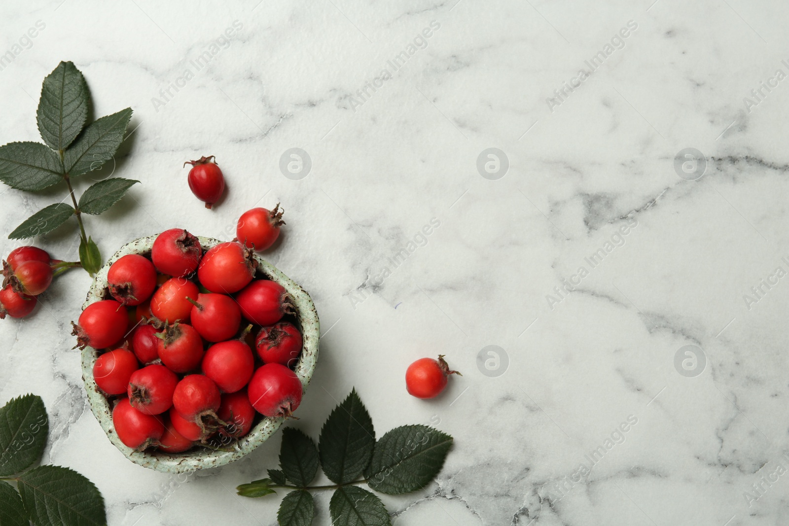 Photo of Ripe rose hip berries with green leaves on white marble table, flat lay. Space for text