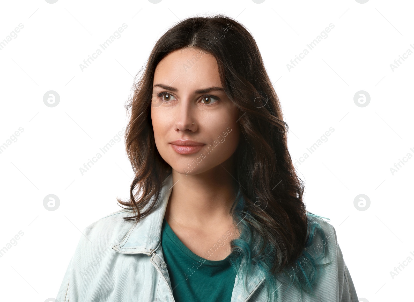 Photo of Beautiful young woman with nose piercing on white background