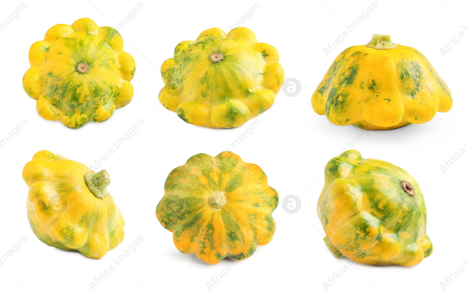 Image of Set with fresh ripe pattypan squashes on white background 