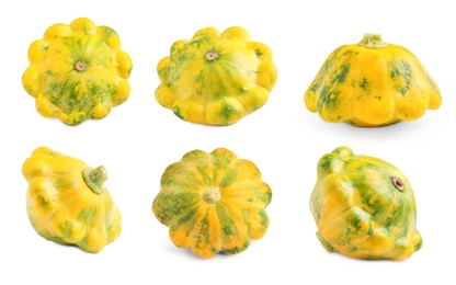 Set with fresh ripe pattypan squashes on white background 