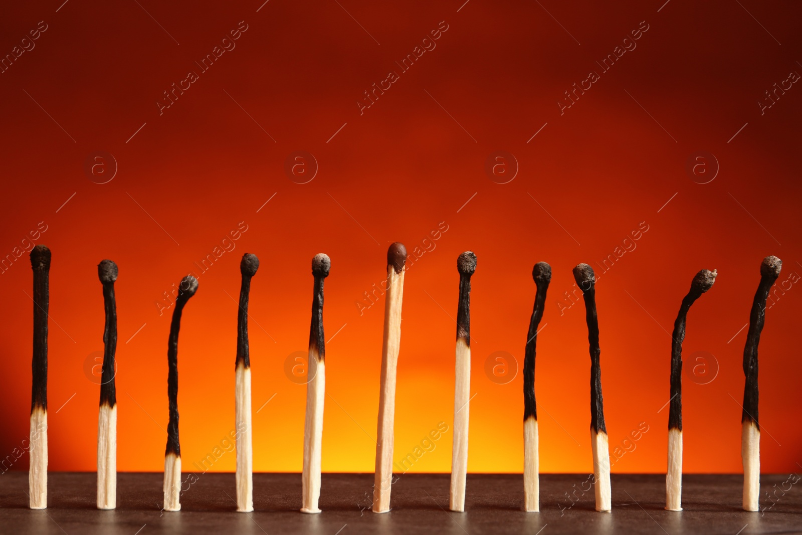 Photo of Whole match among burnt ones on table against color background. Uniqueness and difference concept