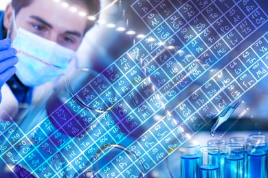 Image of Scientists working in laboratory, dripping reagent into test tube and periodic table of chemical elements, multiple exposure