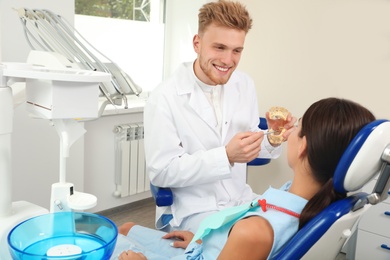 Professional dentist showing patient jaws model in clinic