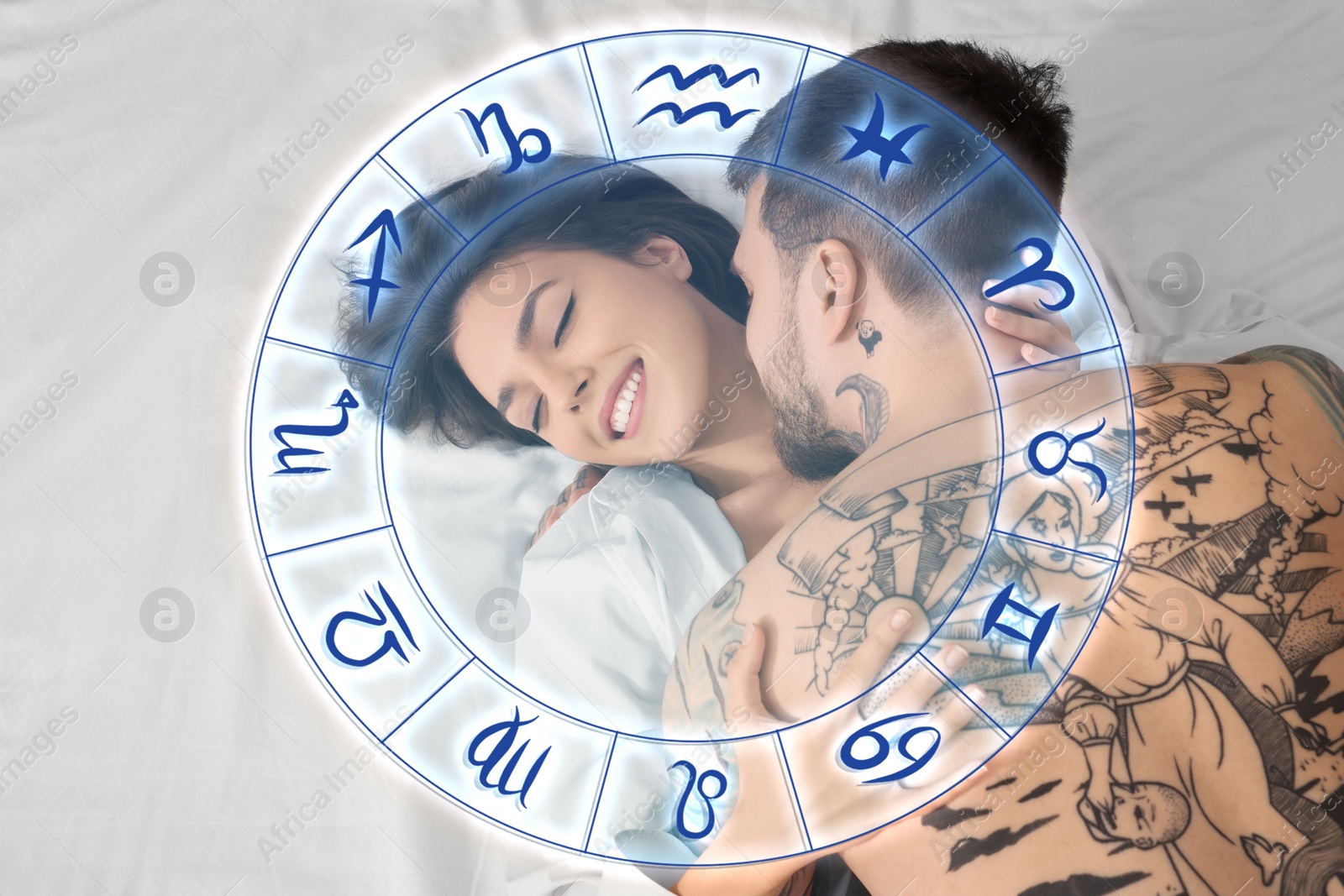 Image of Sexual compatibility. Zodiac wheel and passionate couple having sex on bed
