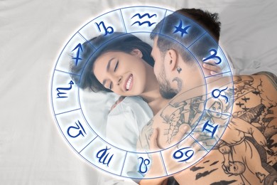 Image of Sexual compatibility. Zodiac wheel and passionate couple having sex on bed