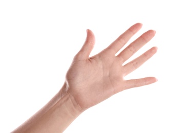 Photo of Woman giving high five on white background, closeup