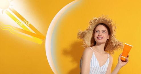 Sun protection product as barrier against UVA and UVB, banner design. Beautiful young woman with tube of sunscreen on orange background