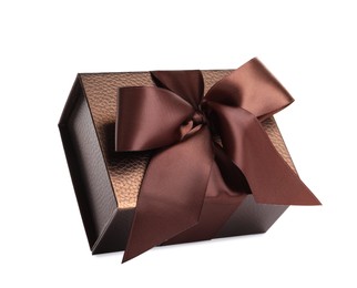 Photo of Beautiful brown gift box with ribbon and bow on white background