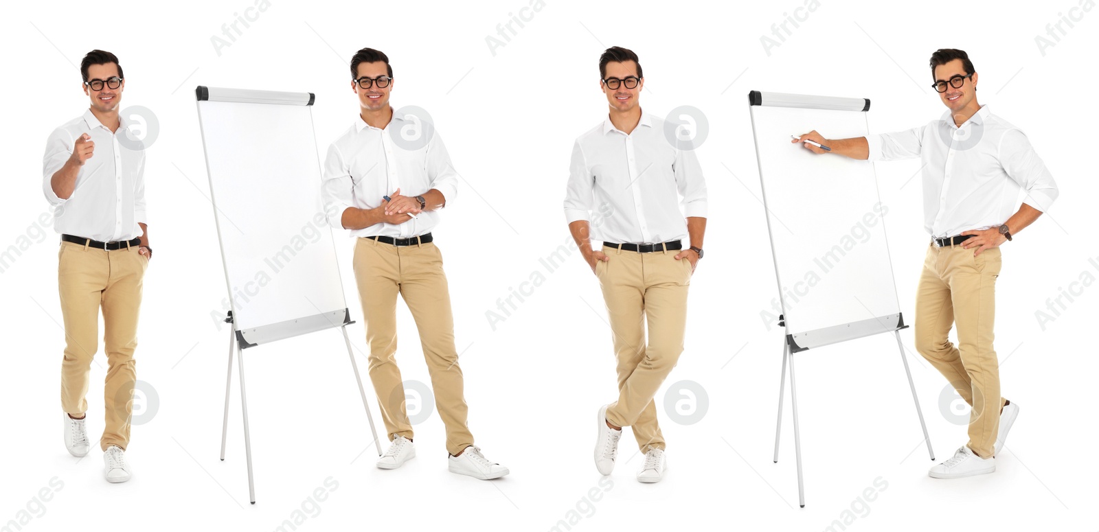 Image of Collage with photos of business trainer on white background, banner design 