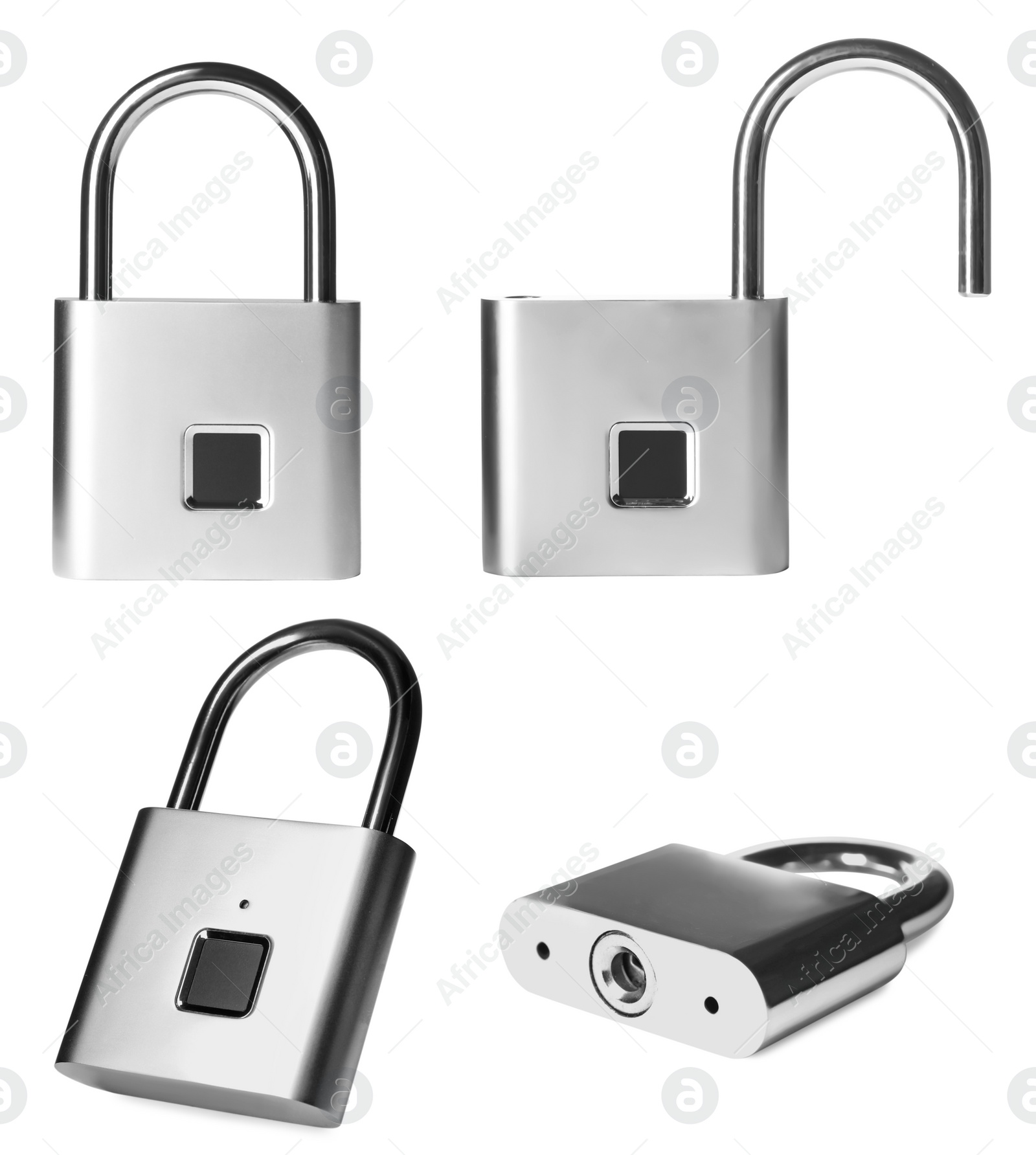Image of Set with metal padlocks on white background