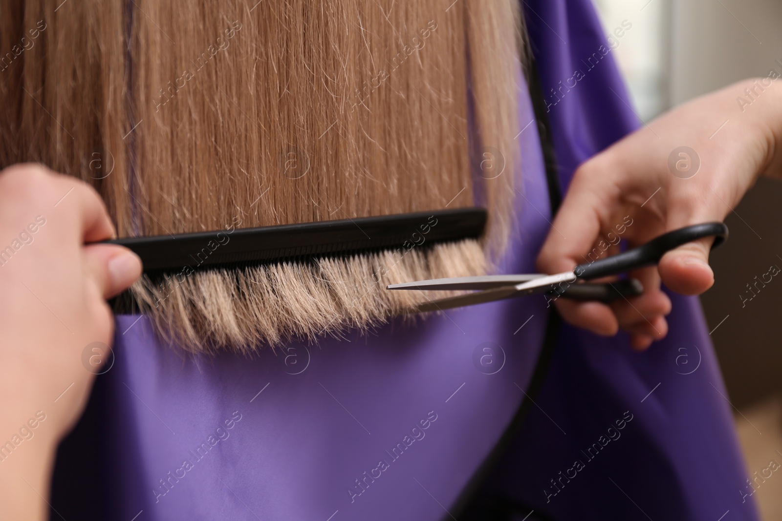 Photo of Stylist cutting hair of client in professional salon, closeup